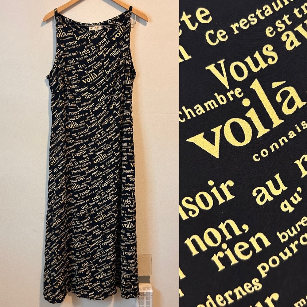 Vintage David Dart XL Women’s Midi French Words All Over Print Lightwest Dress